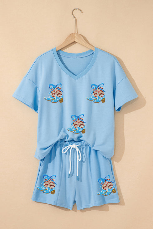 Sequin Patriotic Cowboy Boot Graphic V-Neck Tee And Shorts Set